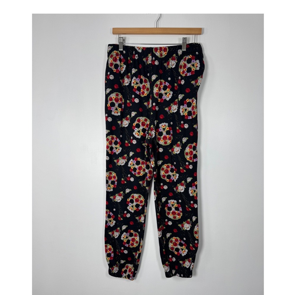 Gothic Shosho Womens XL Joggers Black Floral Sugar Skull Print Elastic Waist‎